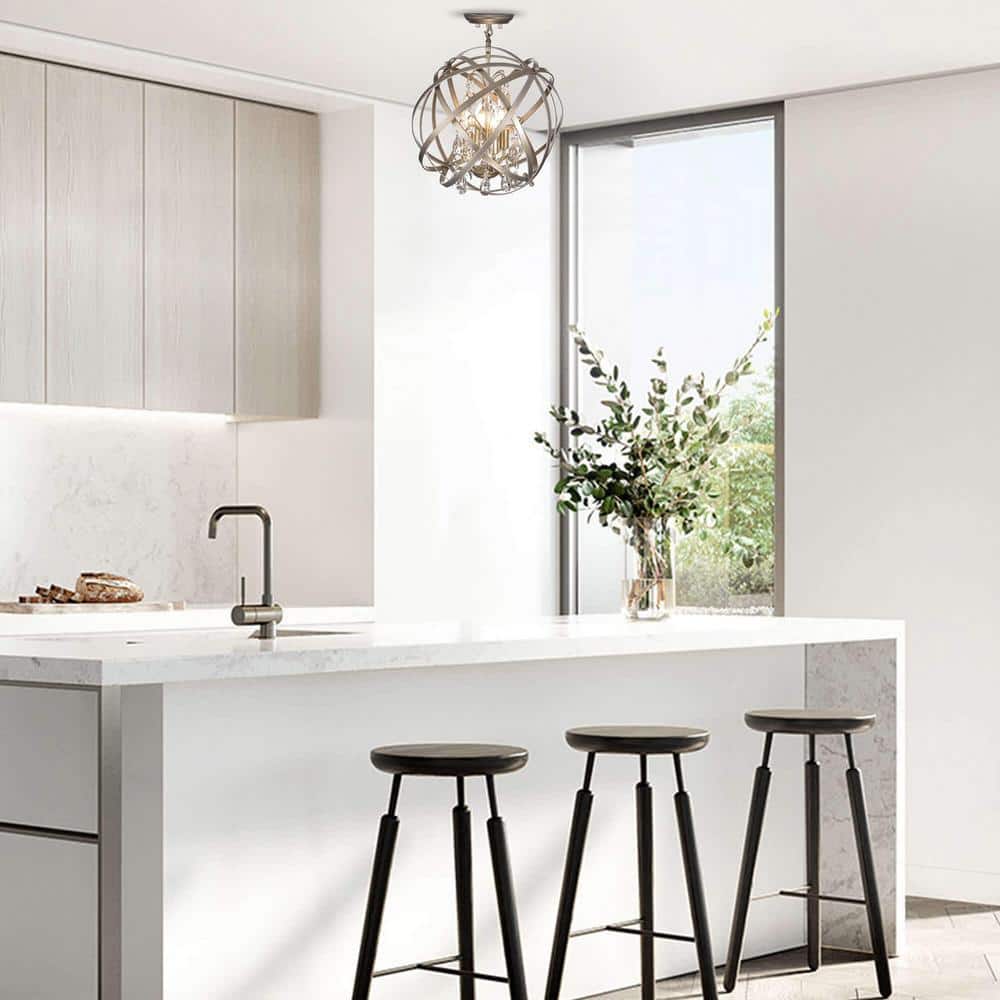 Sara 16 in. Dia 4-Light Light Gold with Bronze Metal Globe Crystal Semi- Flush Mount - Hercitys