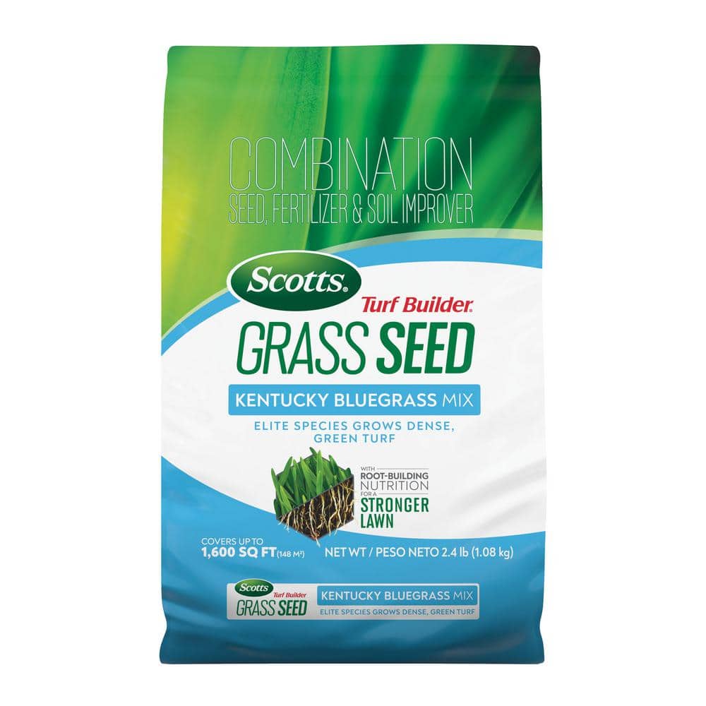 Turf Builder 2.4 lbs. Grass Seed Kentucky Bluegrass Mix with Fertilizer and Soil Improver, Grows Dense, Green Turf - Hercitys