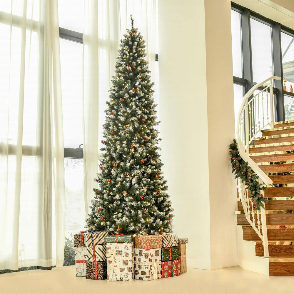 9 ft. Artificial Christmas Tree Snow Flocked Tree, Pre-Lit Holiday Decoration with LED Lights, Pine Cones - Hercitys