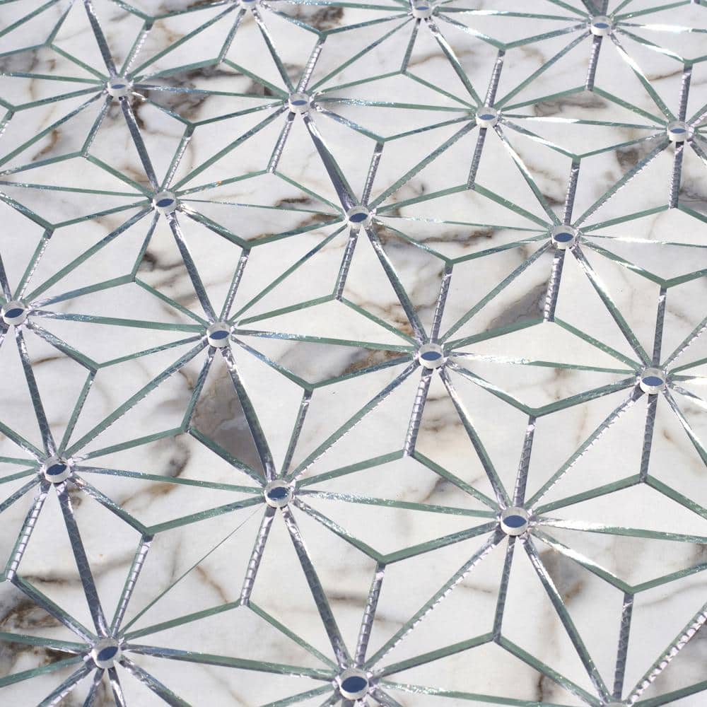 Nature Carrara White Geometric Mosaic 11 in. x 12 in. Marble Look Glass Wall Tile (8.9 sq. ft. / Case) - Hercitys