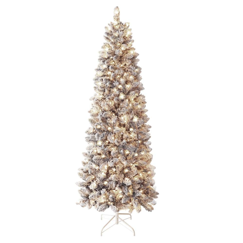 7.5 ft. Pre-Lit LED Pencil Slim Flocked Artificial Christmas Tree with Warm White Light - Hercitys