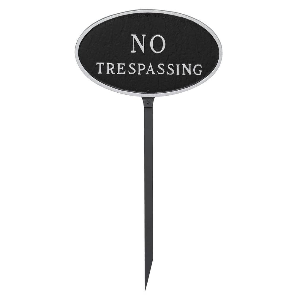 6 in. x 10 in. Small Oval No Trespassing Statement Plaque Sign with 23 in. Lawn Stake, Black with Silver Lettering - Hercitys