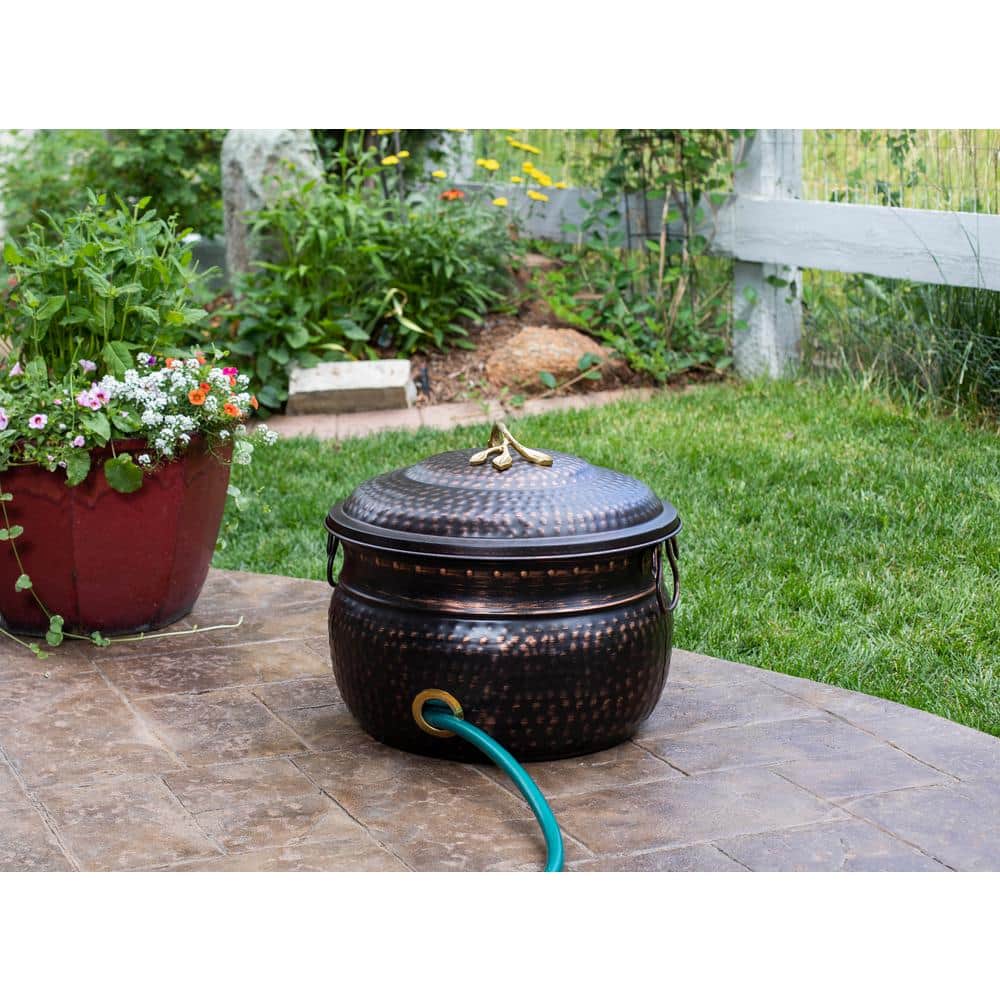 Distressed Bronze Embossed Garden Hose Pot with Lid - Hercitys