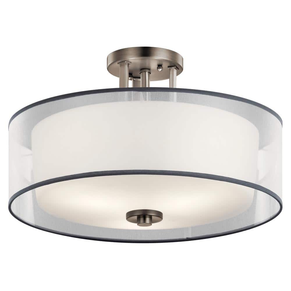 Tallie 18 in. 3-Light Antique Pewter Hallway Transitional Semi-Flush Mount Ceiling Light with Organza Shade - Hercitys