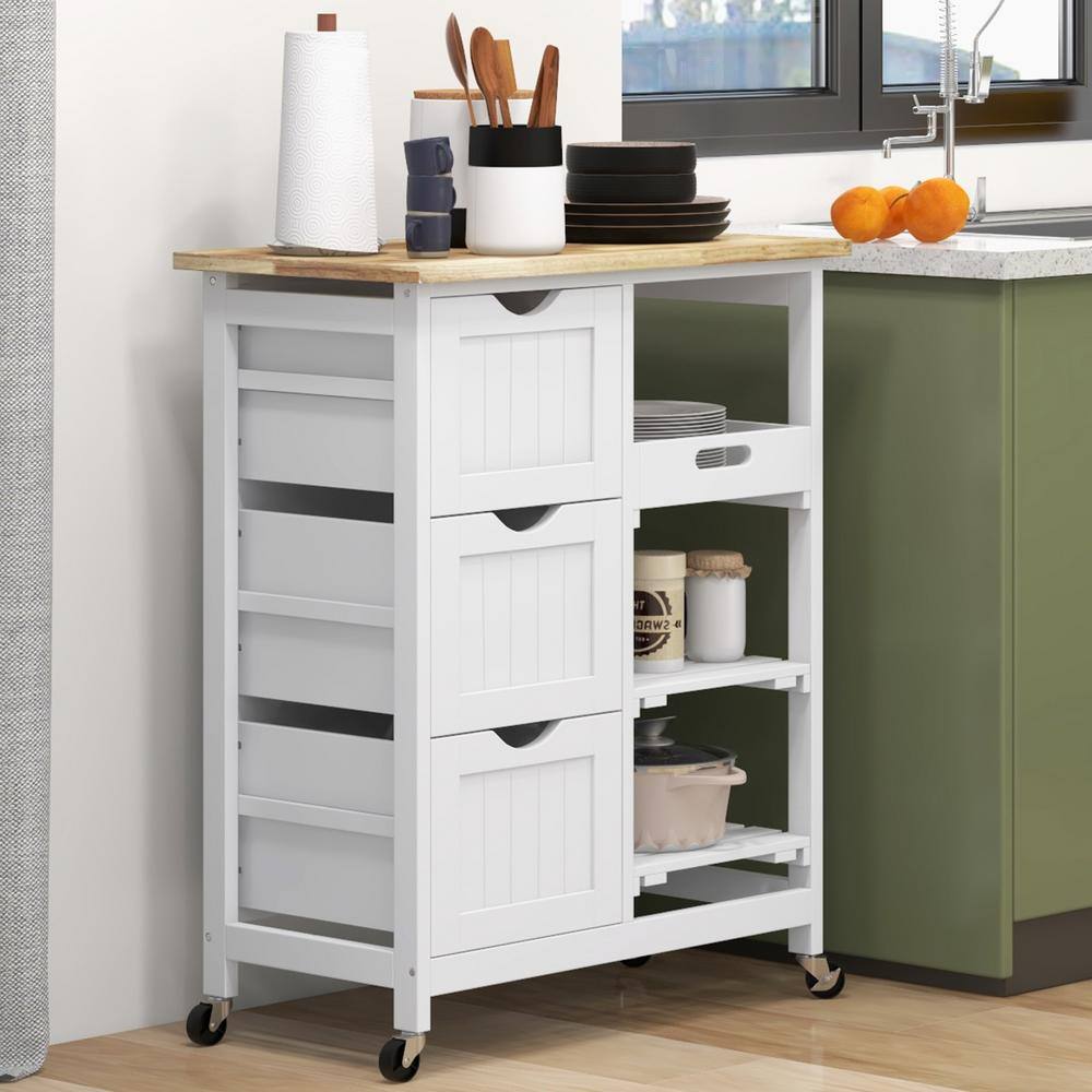 Compact Rolling White Wood Top 26.5 in. Kitchen Island Cart with Drawers and Open Shelves - Hercitys