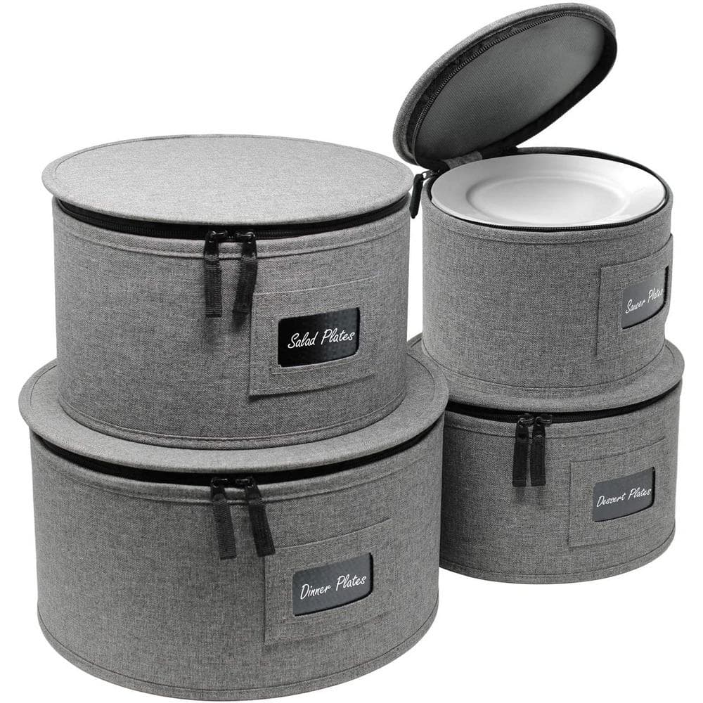 Cup and Plate Storage Organizer Gray Polyester Dinnerware Storage with Zip lock lid 4 Pack - Hercitys