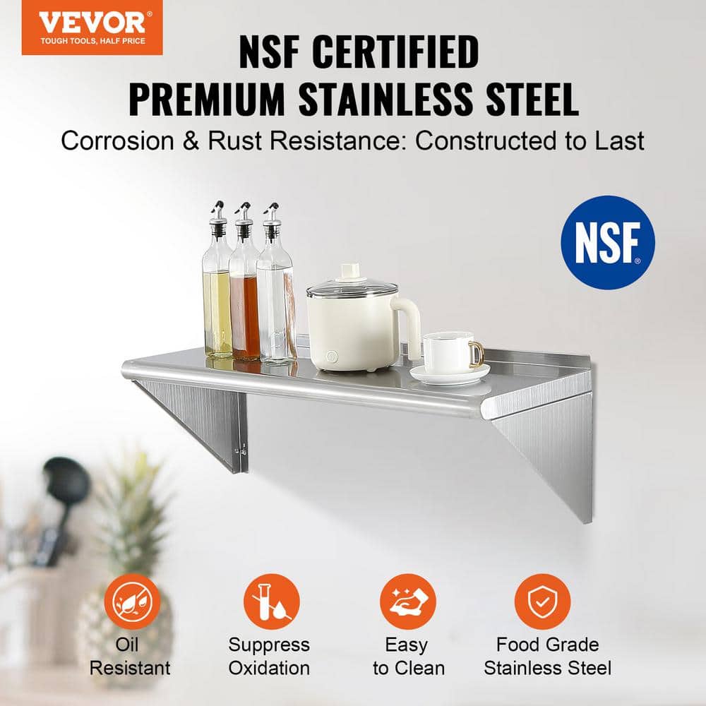 Stainless Steel Shelf 12 in. x 36 in. Wall Mounted Floating Shelving w/ Brackets 250 lbs. Commercial Shelve, Silver - Hercitys