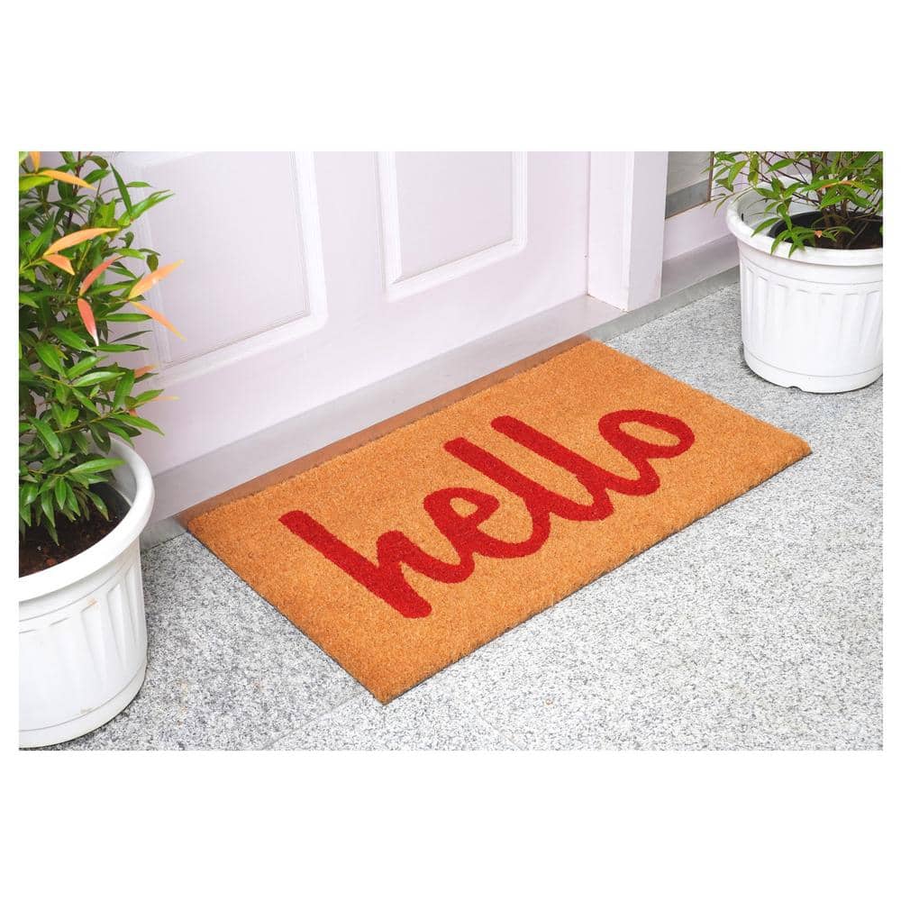 Hello Natural/Red Script 24 in. x 36 in. Door Mat - Hercitys