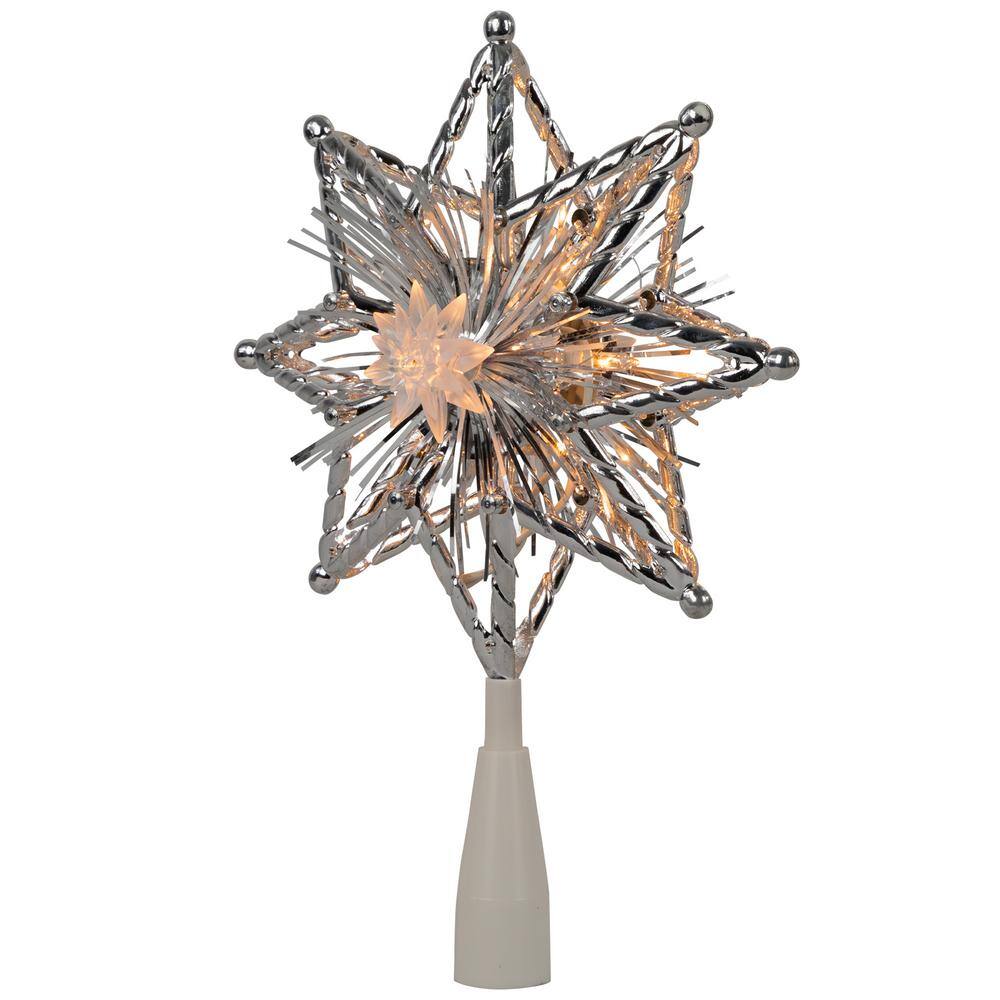8 in. Retro Silver Tinsel 8-Point Star Christmas Tree Topper – Clear Lights - Hercitys