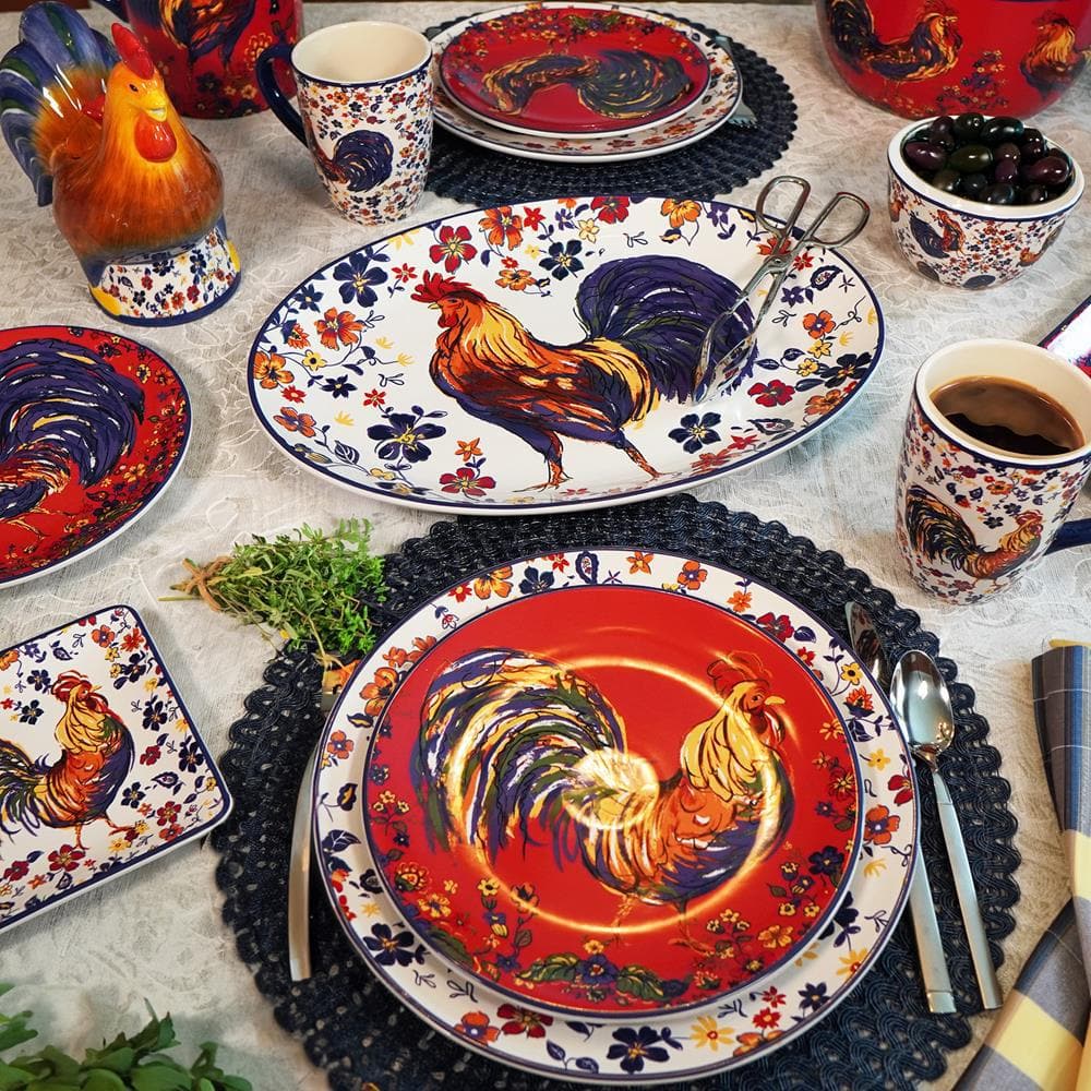 Morning Rooster 16-Piece Multi-Colored Earthenware Dinnerware Set (Service for 4) - Hercitys