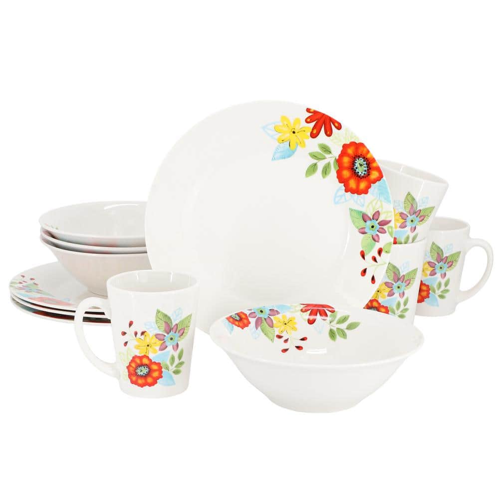 Color Floral 12 Piece Fine Ceramic Dinnerware Set in Multi - Hercitys