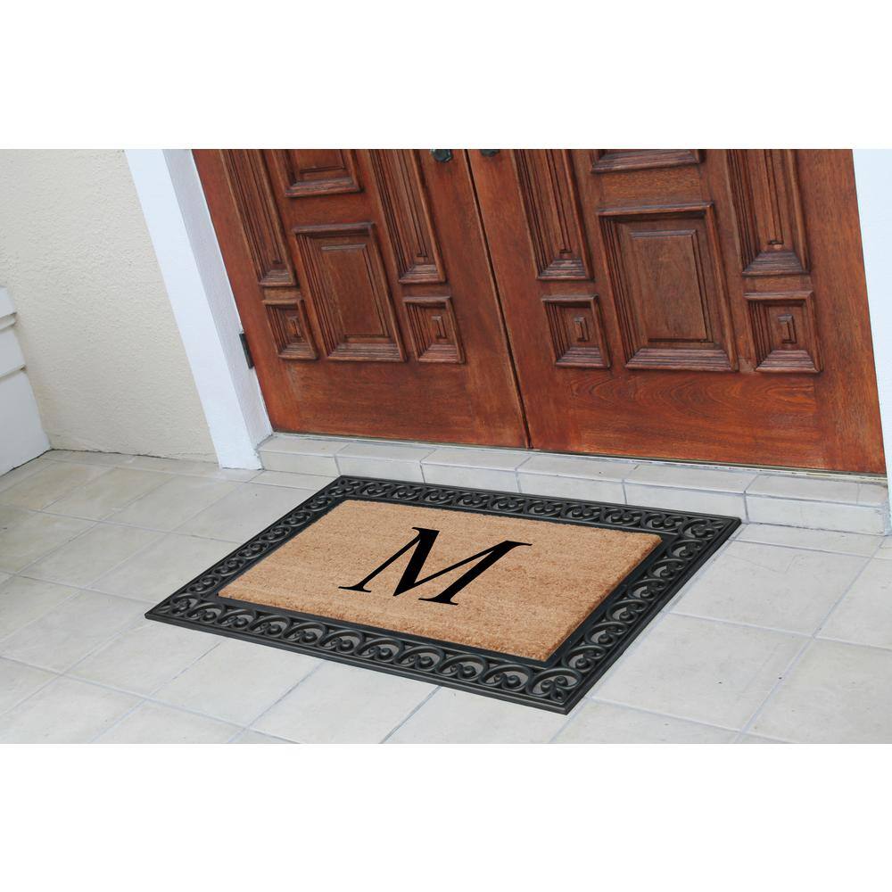 A1HC Classic Paisley Border Black/Beige 30 in. x 48 in. Rubber and Coir Extra Large Monogrammed M Double Doormat - Hercitys