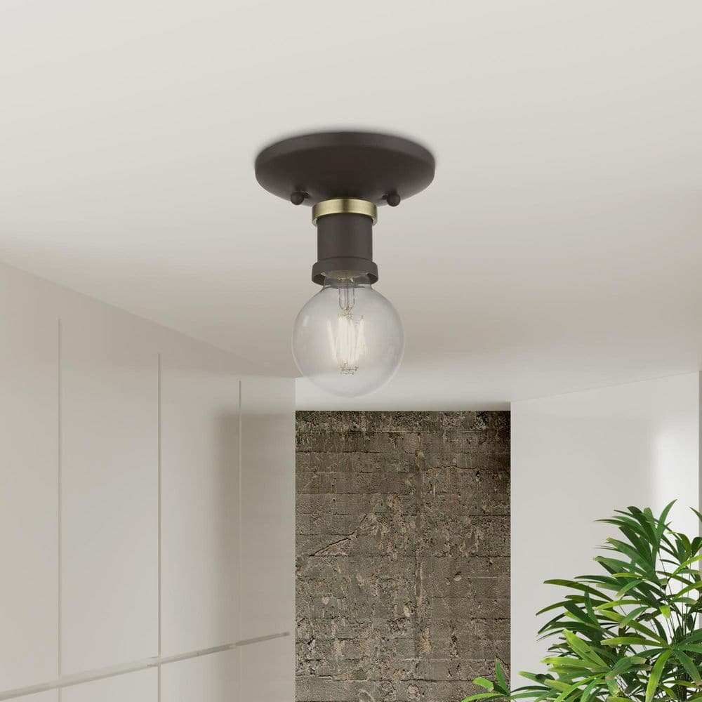 Lansdale 5 in. 1-Light Bronze Single Flush Mount with Antique Brass Accent - Hercitys