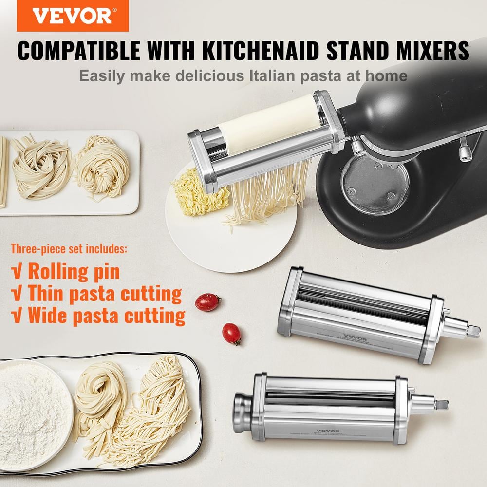 Stainless Steel Pasta Roller Cutter Attachment KitchenAid Stand Mixer 8-Adjustable Thickness Knob Pasta Maker (3-Pieces) - Hercitys
