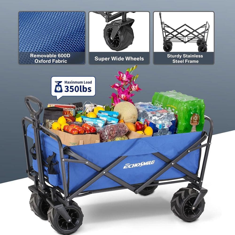 7 cu. ft. Outdoor Metal Blue Collapsible Camper Garden Cart with Non-Slip Wheels and Adjustable Handle - Hercitys