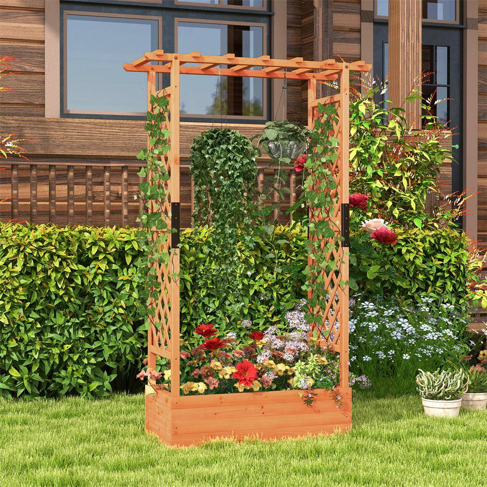 Orange Wood Outdoor Raised Garden Bed with Trellis with Hanging Roof for Garden Patio Yard - Hercitys