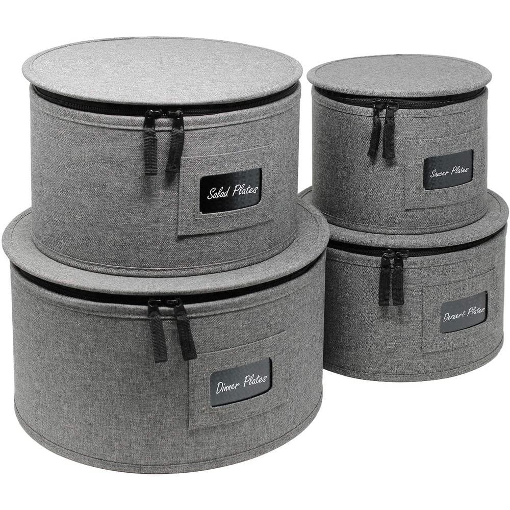 Cup and Plate Storage Organizer Gray Polyester Dinnerware Storage with Zip lock lid 4 Pack - Hercitys