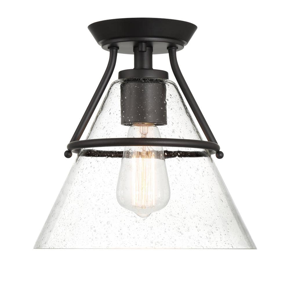 Greylock 10 in. 1-Light Matte Black Cone Semi-Flush Mount Ceiling Light with Clear Seeded Glass Shade - Hercitys