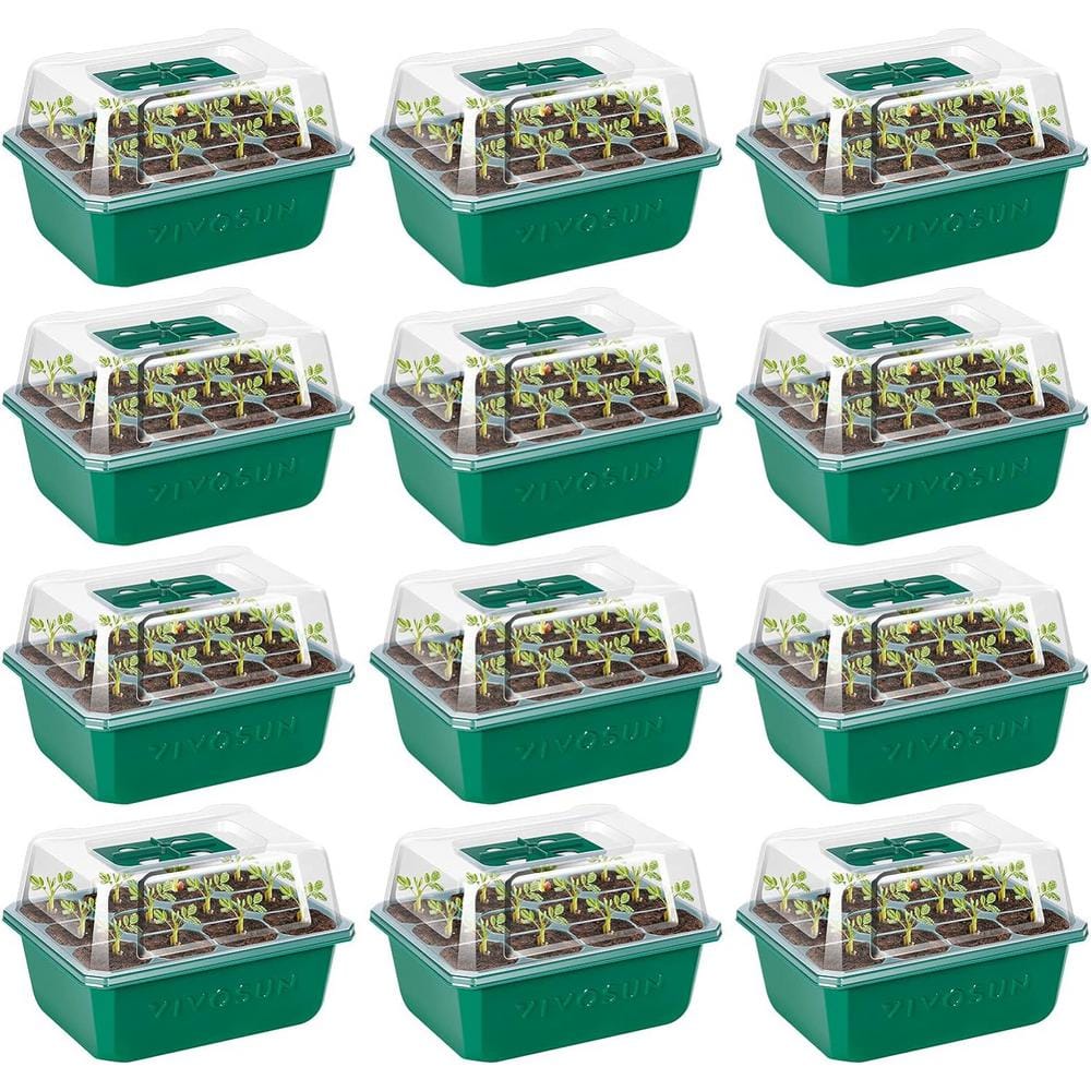 Indoor/Outdoor Reusable 144-Cell Seed Starter Trays with Humidity Dome, Drain Hole (12-Pack) - Hercitys