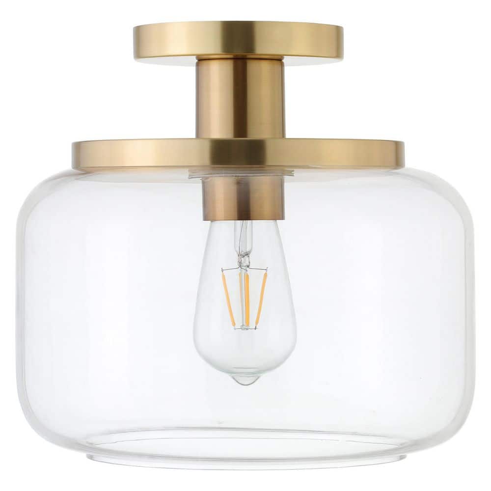 Tatum 11 in. Brushed Brass and Clear Semi Flush Mount with Glass Shade - Hercitys