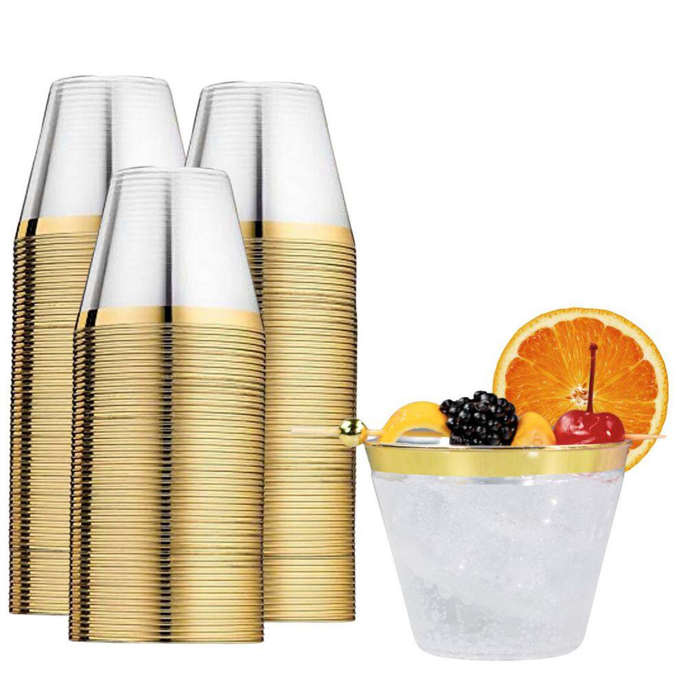 9 oz. Gold Rim Clear Disposable Plastic Cups, Party, Cold Drinks, (110-Pack) - Hercitys