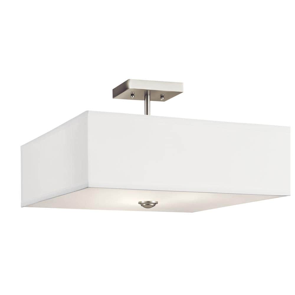 Shailene 18 in. 3-Light Brushed Nickel Square Hallway Transitional Semi-Flush Mount Ceiling Light with Microfiber Shade - Hercitys