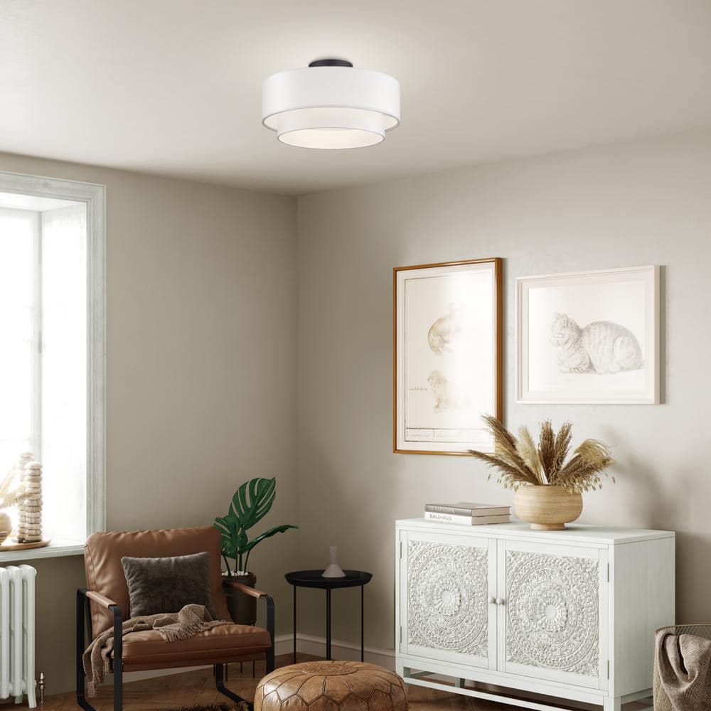Manorwood 3-Light Bronze Semi Flush Mount with Off-White Fabric Shade - Hercitys