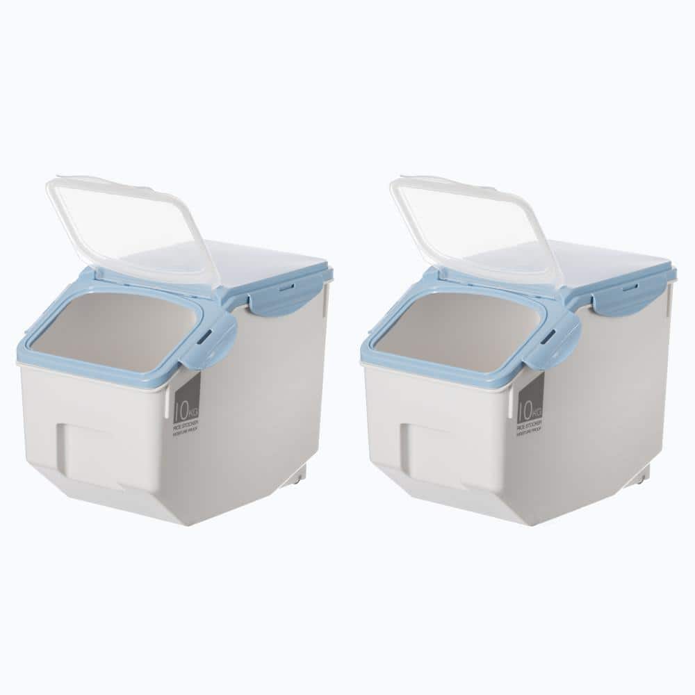 White Plastic Storage Food Holder Containers with a Measuring Cup and Wheels, Medium (Set of 2) - Hercitys