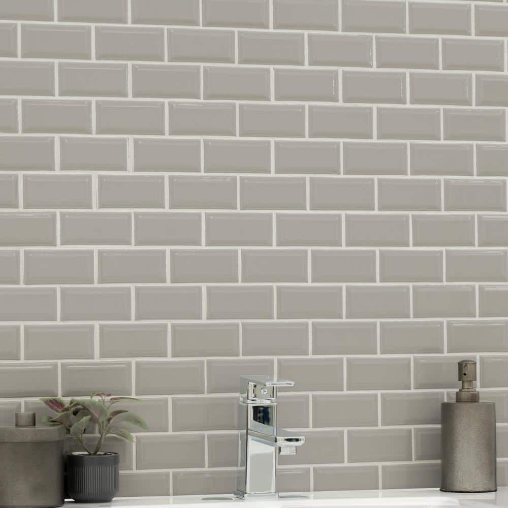Retro Gray Beveled Subway 12 in. x 12 in. x 0.24 in. Glossy Porcelain Mesh-Mounted Mosaic Wall Tile (14.85 sq. ft./Case) - Hercitys
