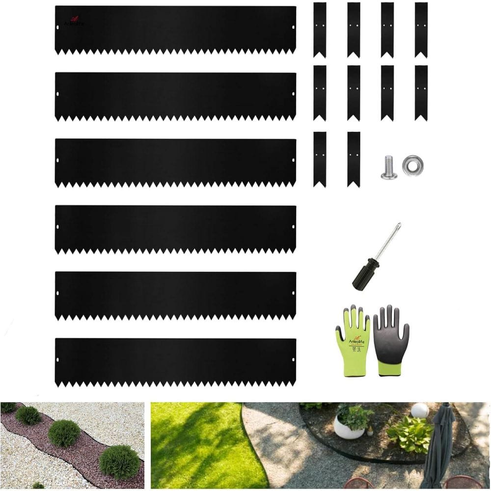 6 Pack 40 in. L x 8 in. H Black Steel Garden Landscape Edging for Straight/Mild Curved Lines with Gloves and 10 Stakes - Hercitys