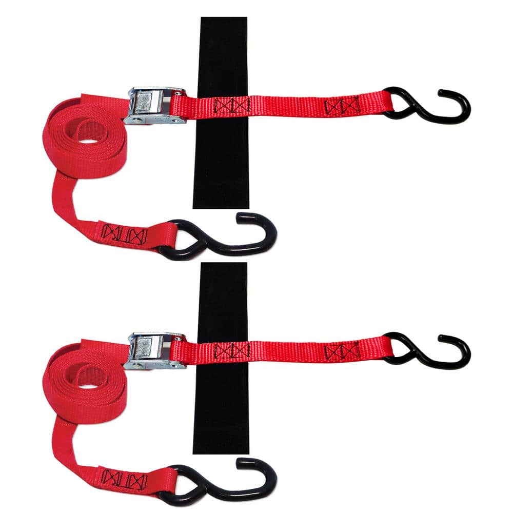 8 ft. x 1 in. S-Hook Cam Strap with Hook and Loop Storage Fastener in Red (2-Pack) - Hercitys