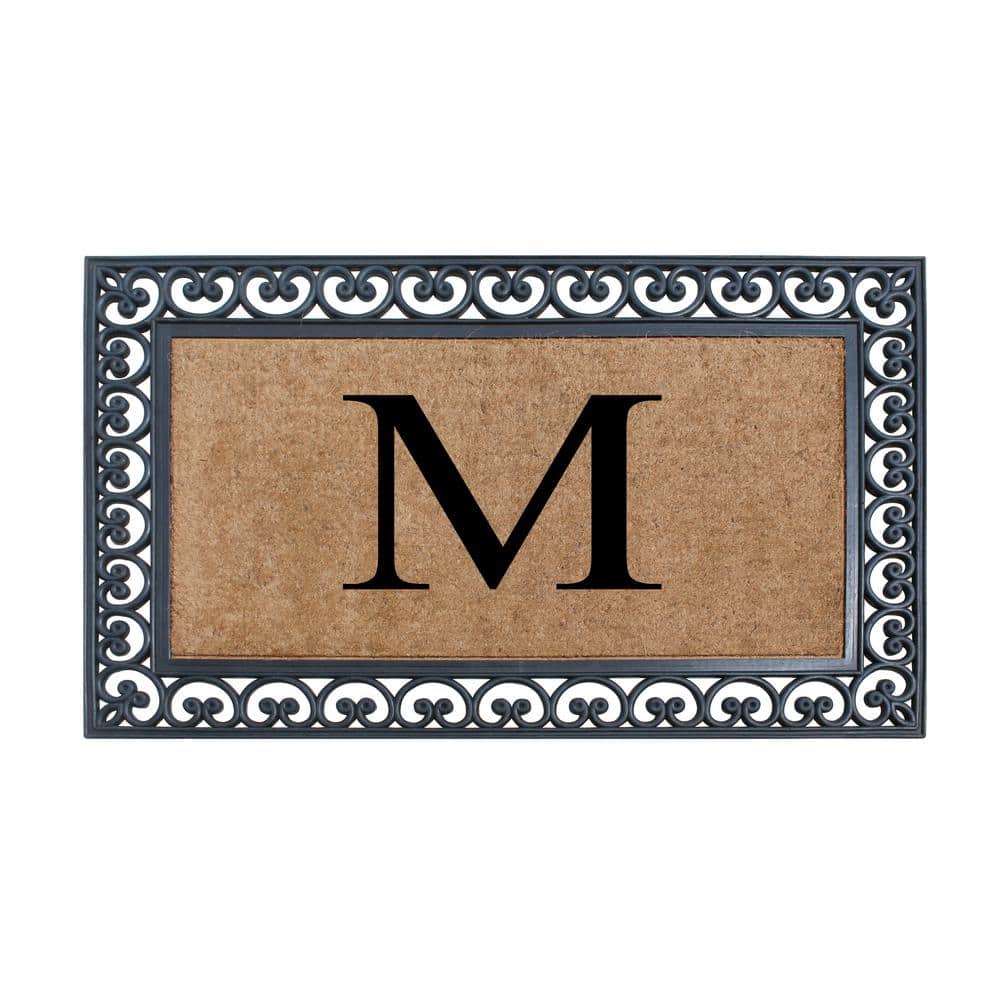 A1HC Classic Paisley Border Black/Beige 30 in. x 48 in. Rubber and Coir Extra Large Monogrammed M Double Doormat - Hercitys