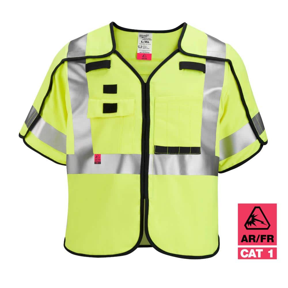 Arc-Rated/Flame-Resistant Large/X-Large Yellow Woven Class 3 Breakaway High Vis Safety Vest with 10-Pockets and Sleeves - Hercitys