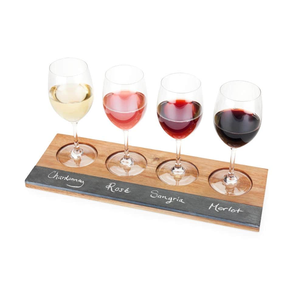 Wine Flight Set, Wine Tasting Board with Slate Chalkboard, 2-Pieces of Soapstone Chalk, and Acacia Wood Serving Tray - Hercitys