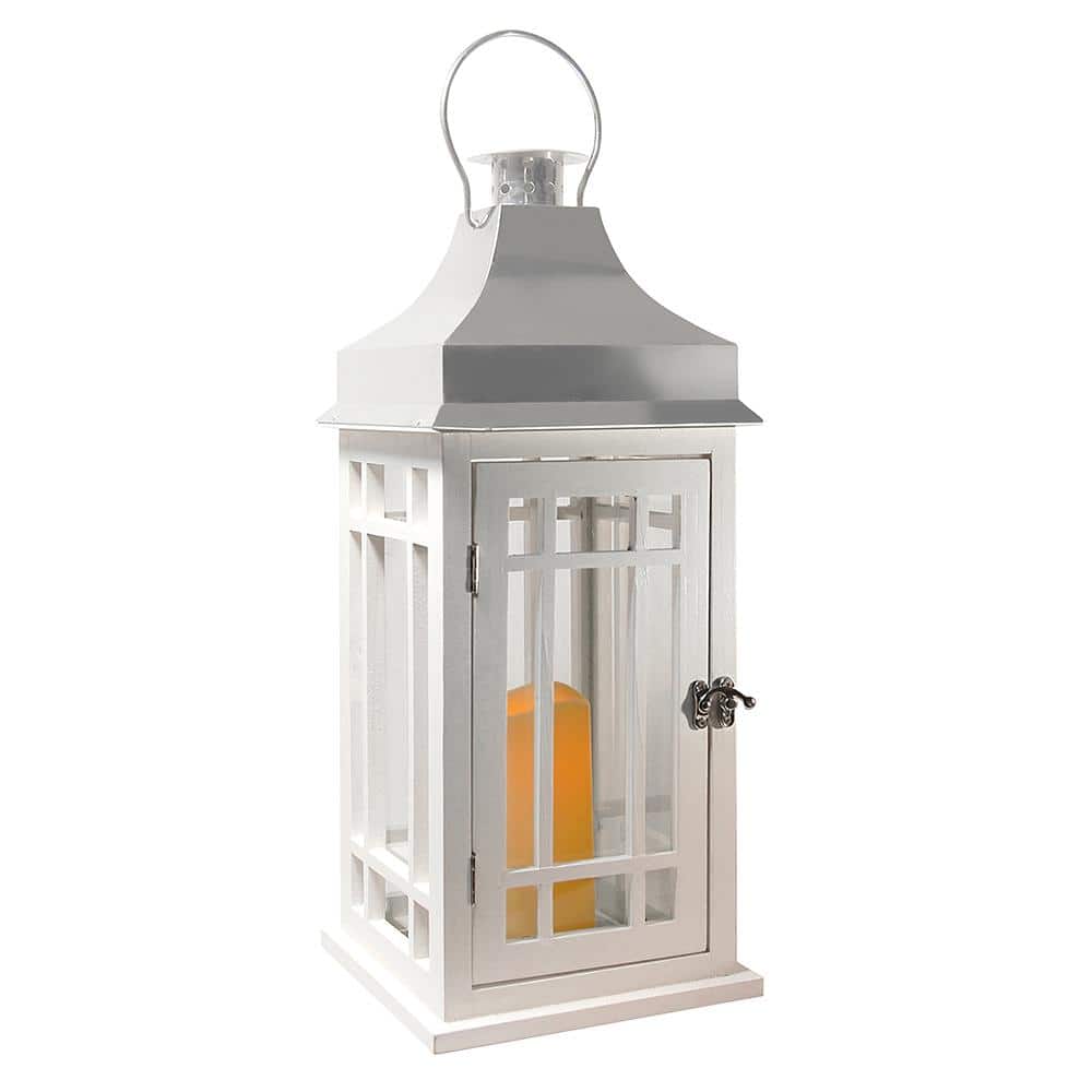 Lantern 9 in. x 20 in. White Wooden Lantern Chrome Roof with LED Candle - Hercitys
