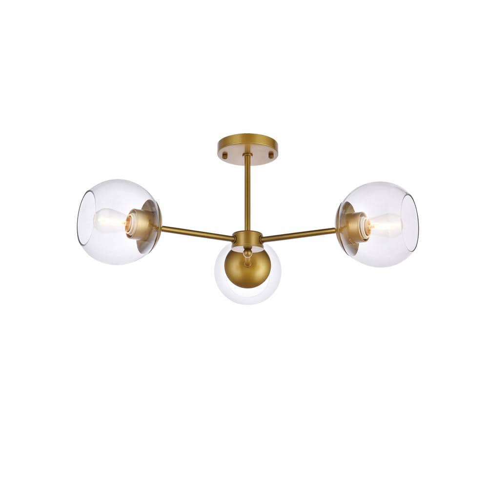 Timless Home 26 in. 3-Light Midcentury Modern Brass and Clear Flush Mount with No Bulbs Included - Hercitys