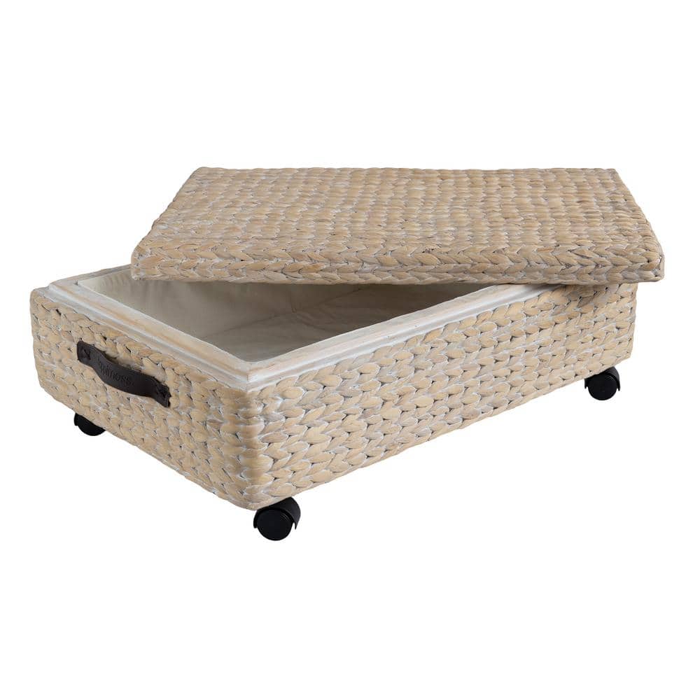 Chett 26.38 in. Minimalist Hand-Woven 14.5 Gal. Hyacinth Underbed Storage Bin Wheels and Handles White Wash/Dark Brown - Hercitys