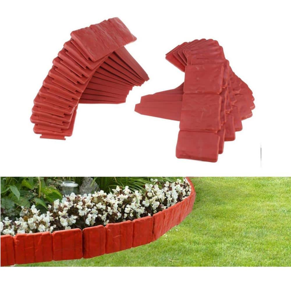 Cobbled Stone Effect Brick Red Plastic Garden Lawn Border Edging (20-Pack) - Hercitys