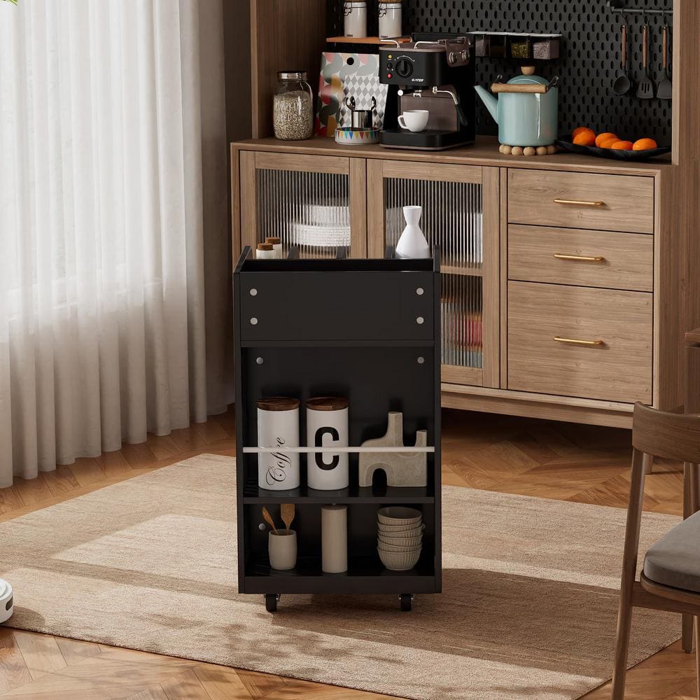 Black Wood 17.72 in. Kitchen Island Kitchen Cart Small Snack Cabinet with Locking Casters and 6-Shelf - Hercitys