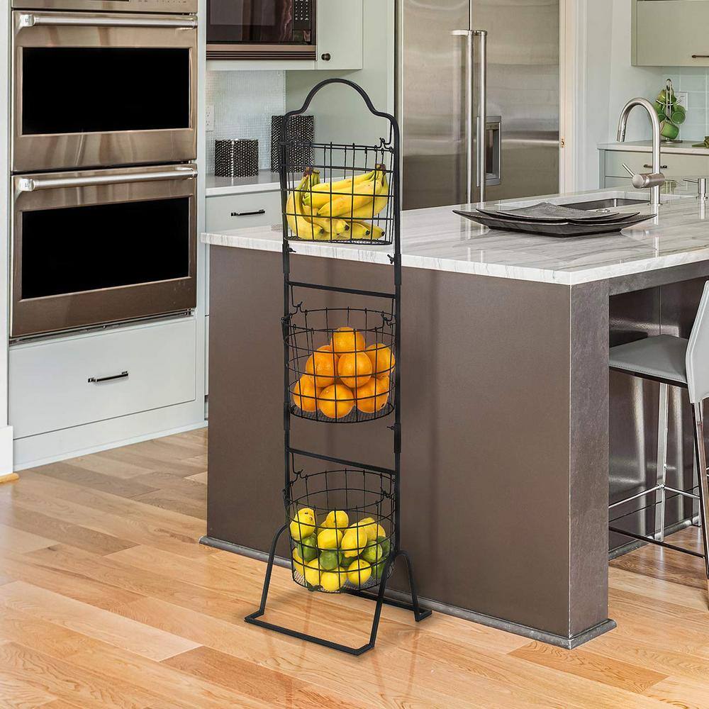 Kitchen Black Metal Wire Round Basket Drawer Organizer with 3-Tier Rack - Hercitys