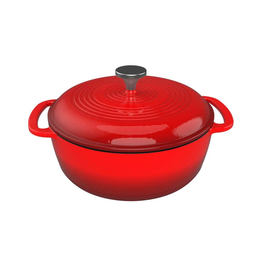 6 qt. Round Cast Iron Nonstick Casserole Dish in Red with Lid - Hercitys