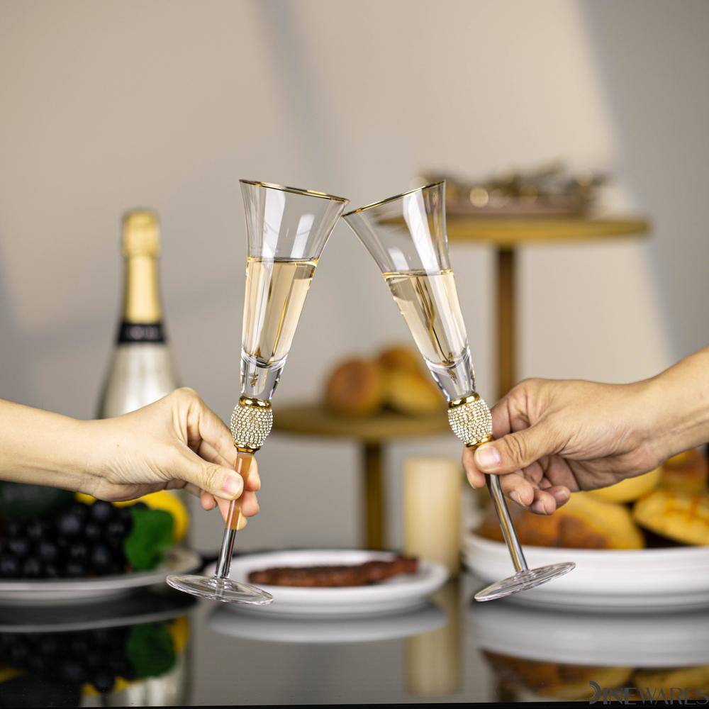 Elegant 7 oz. Champagne Glasses with Diamond Rhinestone Accents and a Polished Gold Rim (Set of 2) - Hercitys