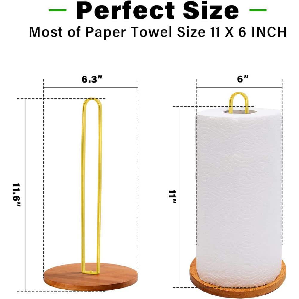 Wood Paper Towel Holder Countertop, Kitchen Towel Holder Free-Standing with Non-Slip Wooden Base in Gold - Hercitys