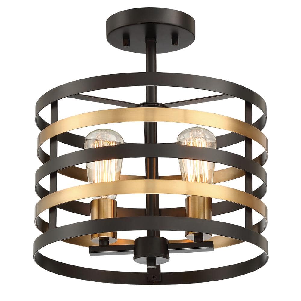 Mya 13 in. 2-Light Antique Bronze Industrial Entryway Semi-Flush Mount with Open Cage Design - Hercitys