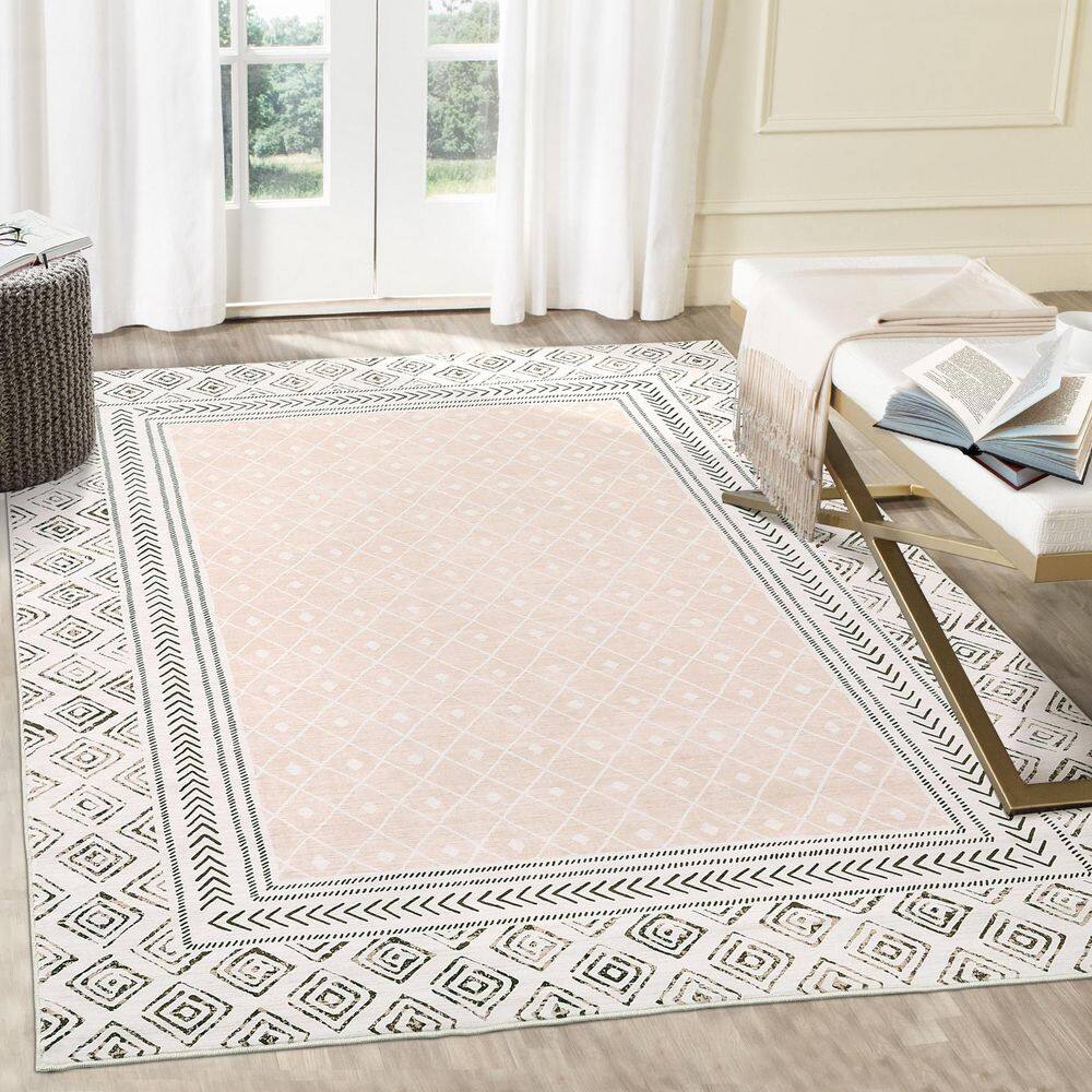 Border Printed Carpet Washable Living Room Decoration for Bedroom Hallway Office Bedside Beige, 5 ft. x 7 ft. Area Rug - Hercitys