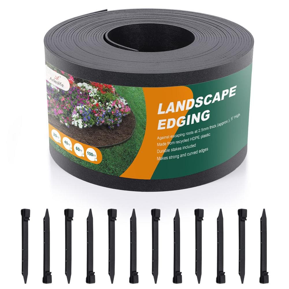 60 ft. x 0.098 in. x 5 in. Flexible & Strengthened Black Plastic Garden Landscape Edging (60 ft. with 18-Pieces Stakes) - Hercitys