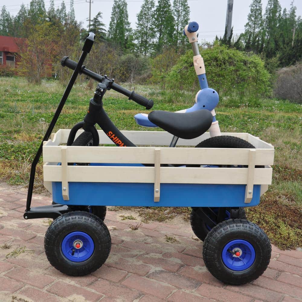 Capacity 3 cu. ft. Outdoor Metal Garden Cart All-Terrain Tractionwith Wooden Railings Suitable for Lawn Backyard Blue - Hercitys