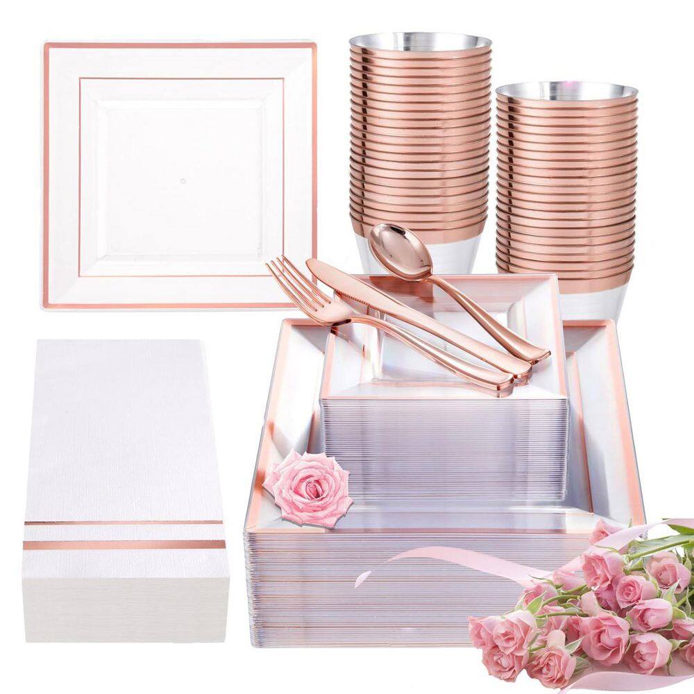 Rose Gold Disposable Dinnerware Set for 50-Guests – 100-Plates, 50-Cups, 50-Cutlery, 50-Napkins - Hercitys