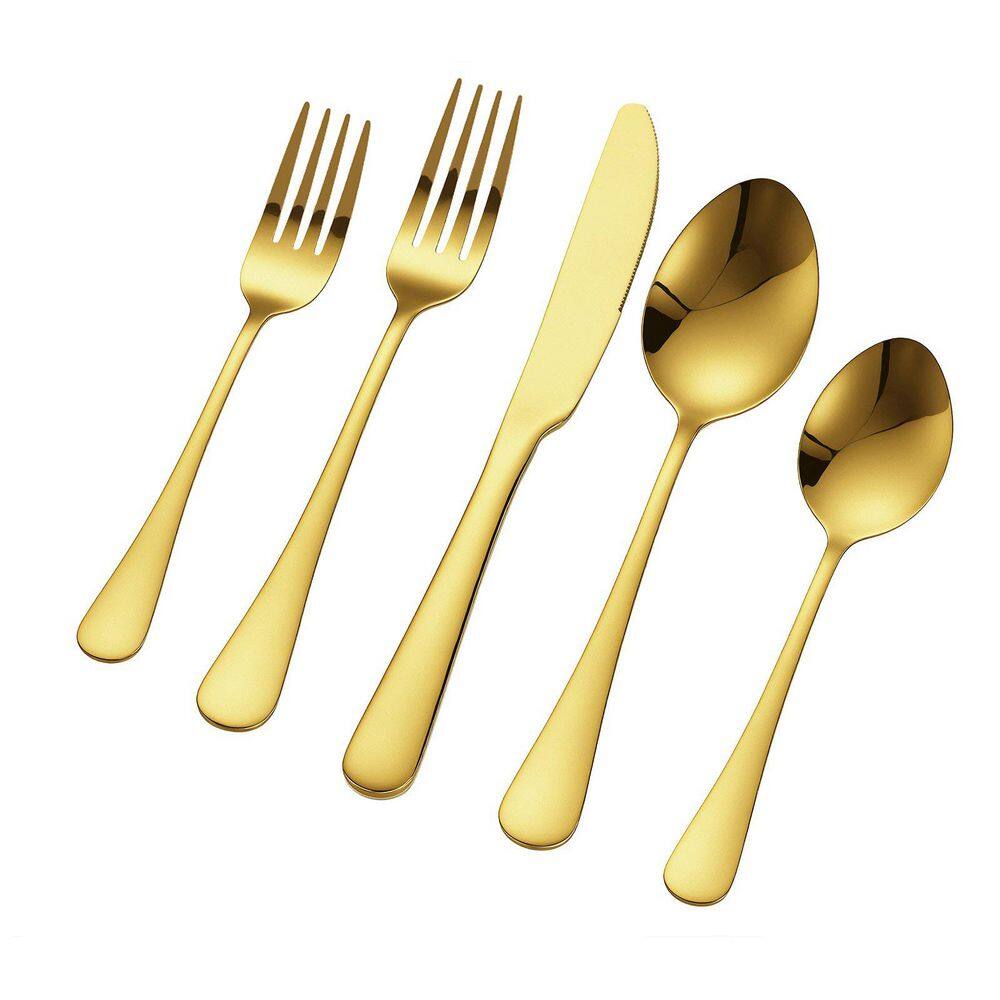 60-Piece Golden Stainless Steel Flatware Serving Set with Knives, Forks and Spoons for 12-Person - Hercitys