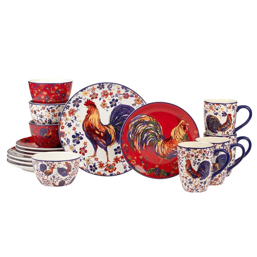 Morning Rooster 16-Piece Multi-Colored Earthenware Dinnerware Set (Service for 4) - Hercitys